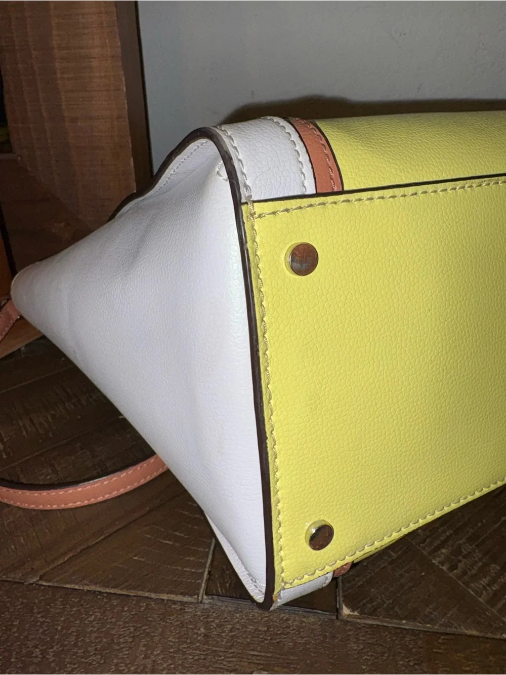 kate spade Yellow and White Colorblock Leather Tote with Brown Handles